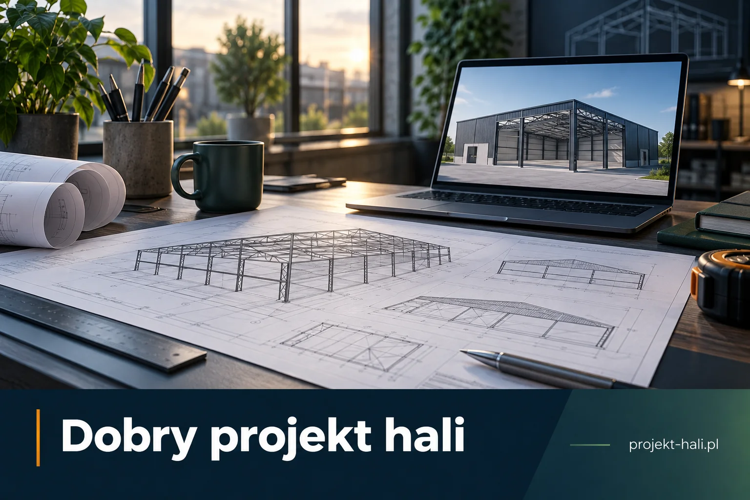 Ilustracyjna wizualizacja dokumentacji konstrukcji hali i modelu na ekranie laptopa. Okładka poradnika: Projekt hali z rezerwą na nowe wyposażenie.